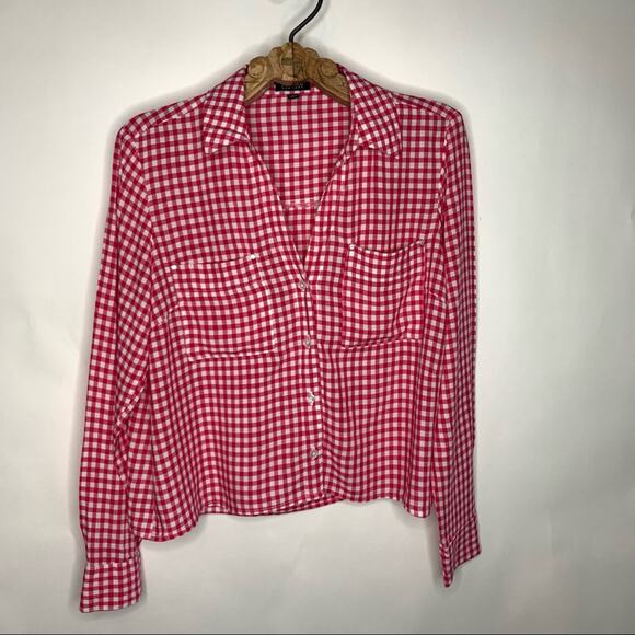 Jones NY Pink Gingham Cropped Shirt Sz Medium Western Preppy - Picture 5 of 9